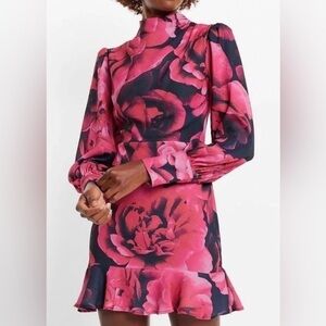 Express Floral Mock Neck Long Puff Sleeve Flounce Hem Mini Dress